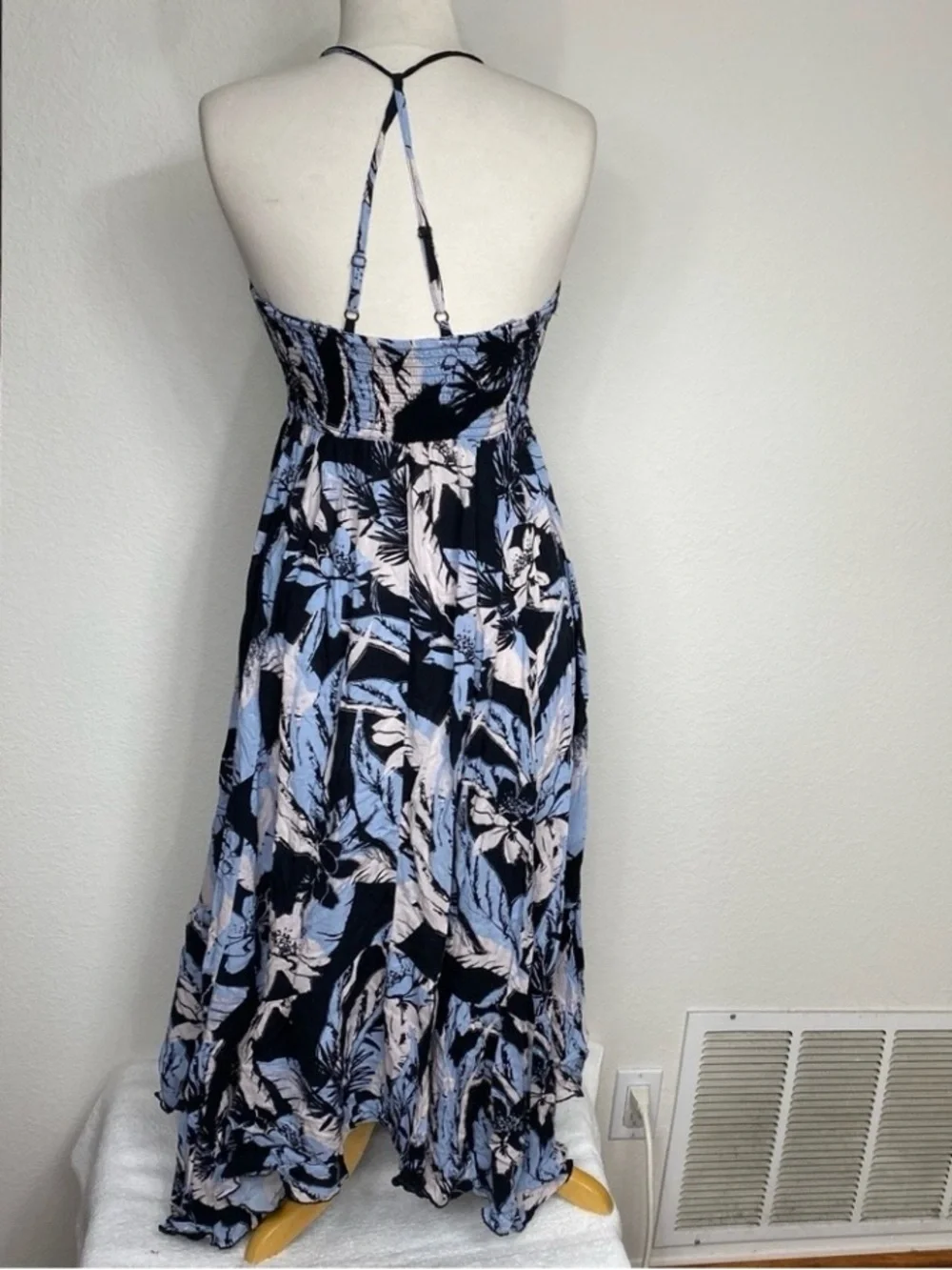 Free People Womens Blue Tropical Floral Smock Midi Dress Size Large Boho Coastal
